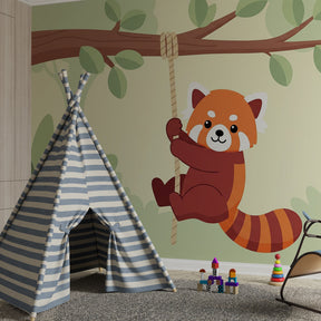 Tropical red panda wallpaper creating adventurous atmosphere in children's bedroom decor