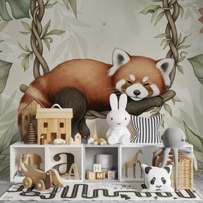 Tropical red panda wallpaper in modern baby bedroom with natural wood furniture and soft lighting