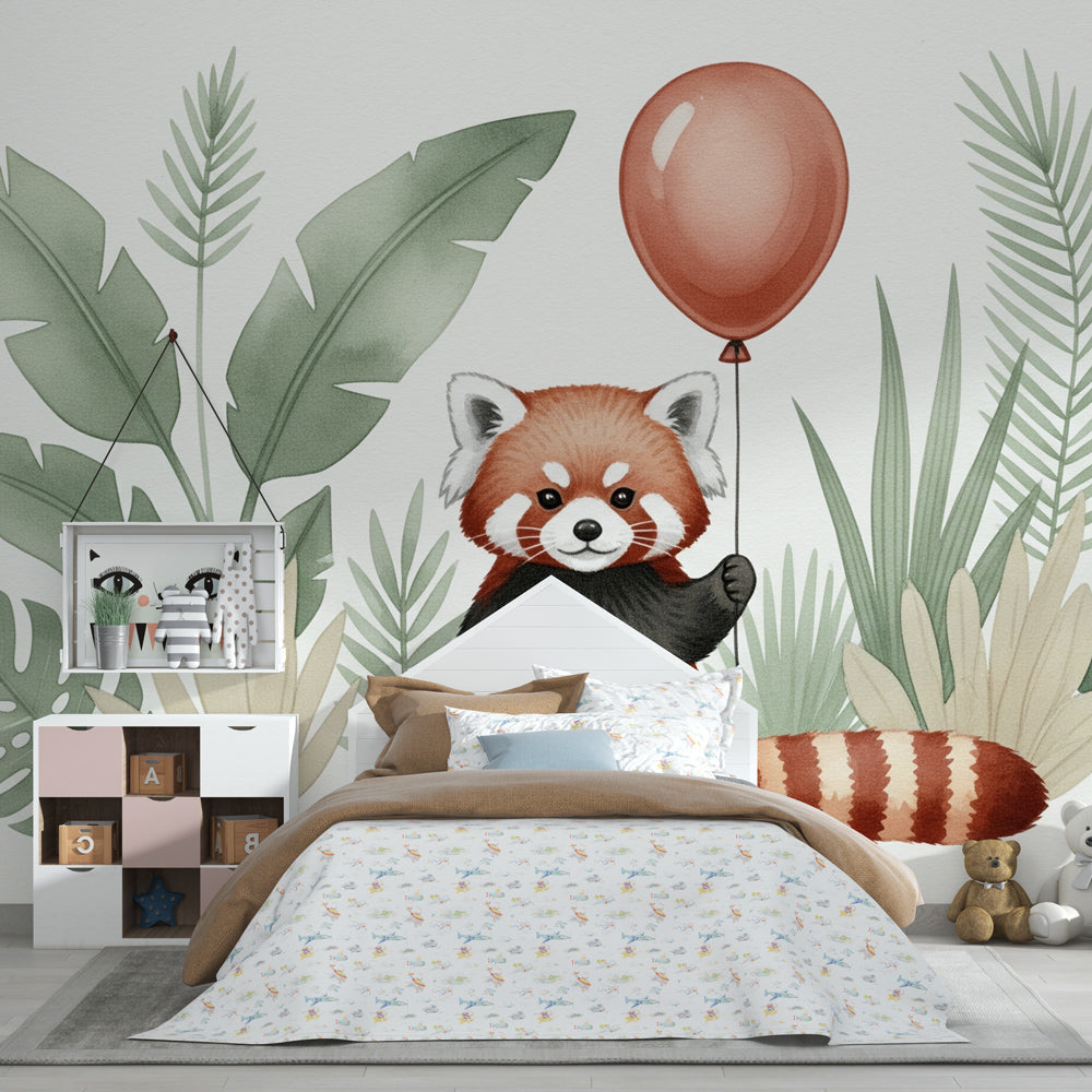 Tropical red panda wallpaper creating peaceful atmosphere in baby's room