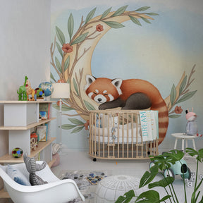 Enchanted moon and red panda wallpaper creating dreamy atmosphere in baby bedroom