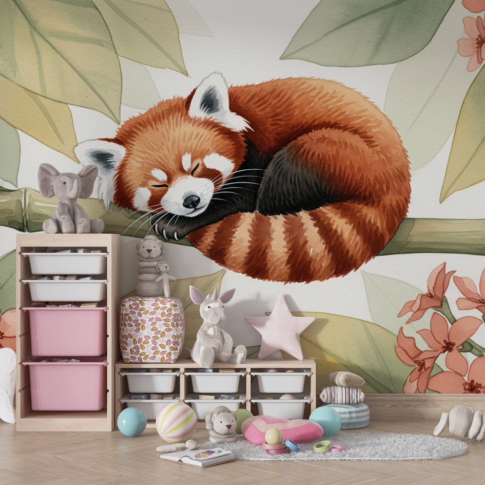 Floral red panda mural wallpaper transforming baby room into peaceful sanctuary by Kids-Mundo