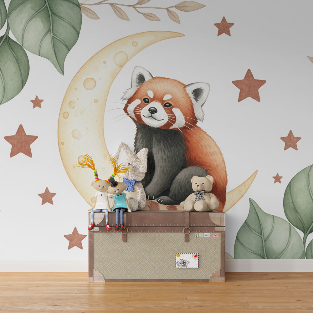 Soothing red panda and moon mural wallpaper for peaceful baby room by Kids-Mundo