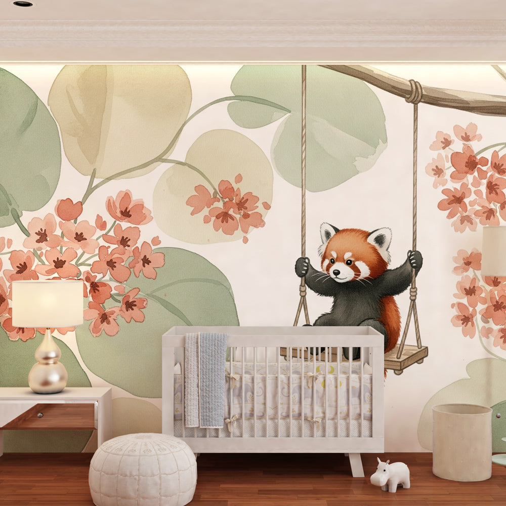 Nature-themed red panda mural wallpaper with pink flowers for baby room decor