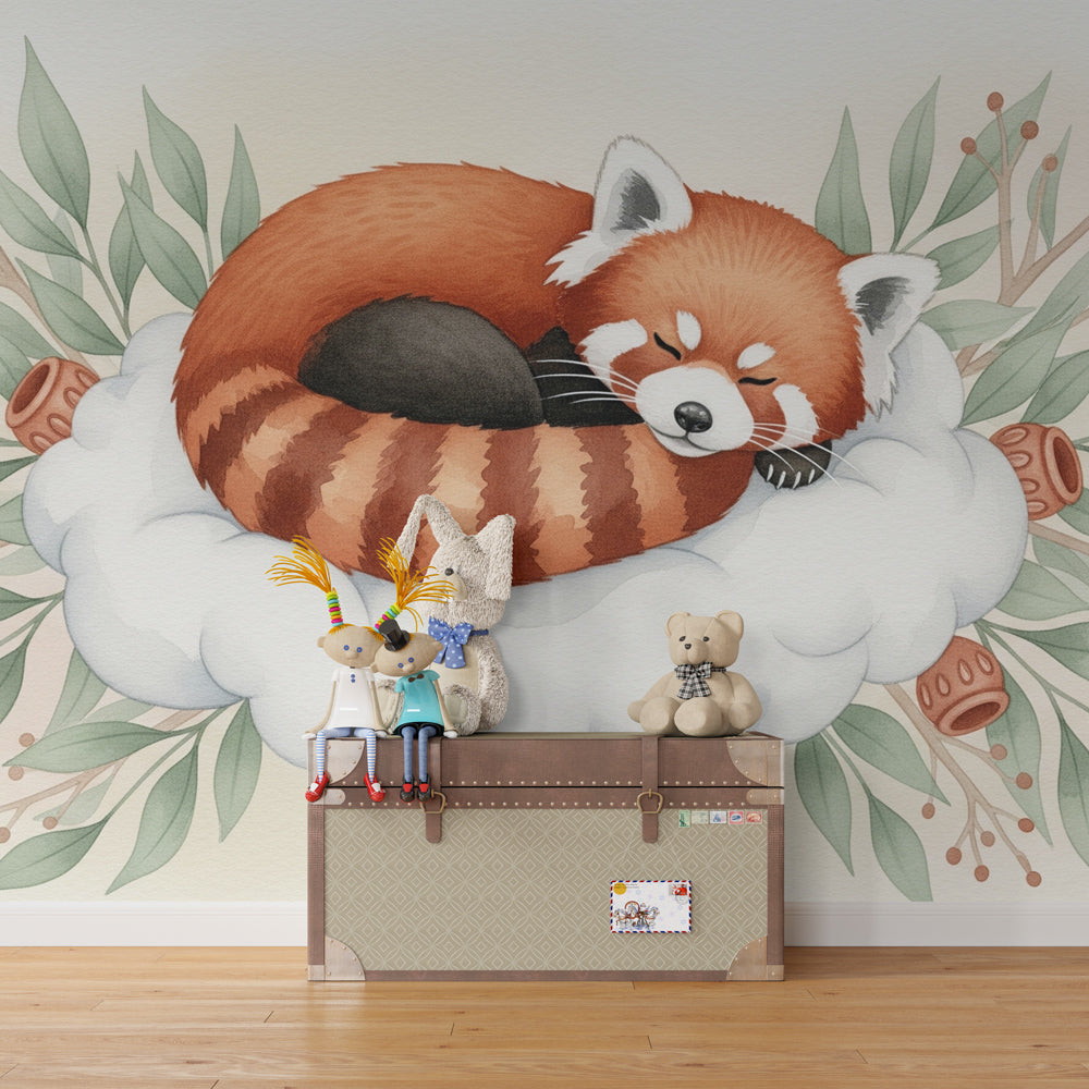 Sleeping red panda wallpaper creating serene atmosphere in modern children's bedroom