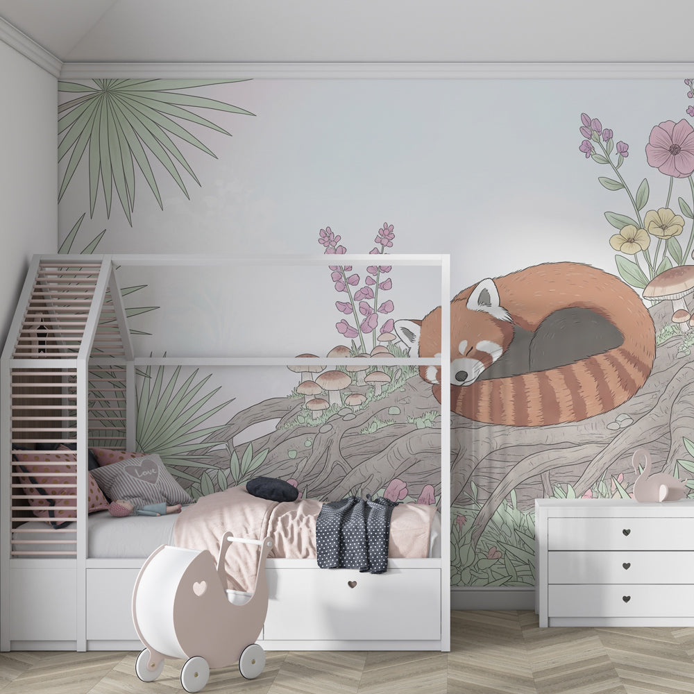 Forest animal mural wallpaper transforming children's bedroom with peaceful red panda garden scene
