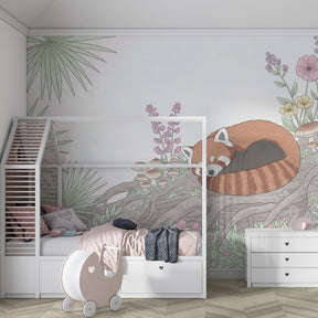Forest animal mural wallpaper transforming children's bedroom with peaceful red panda garden scene