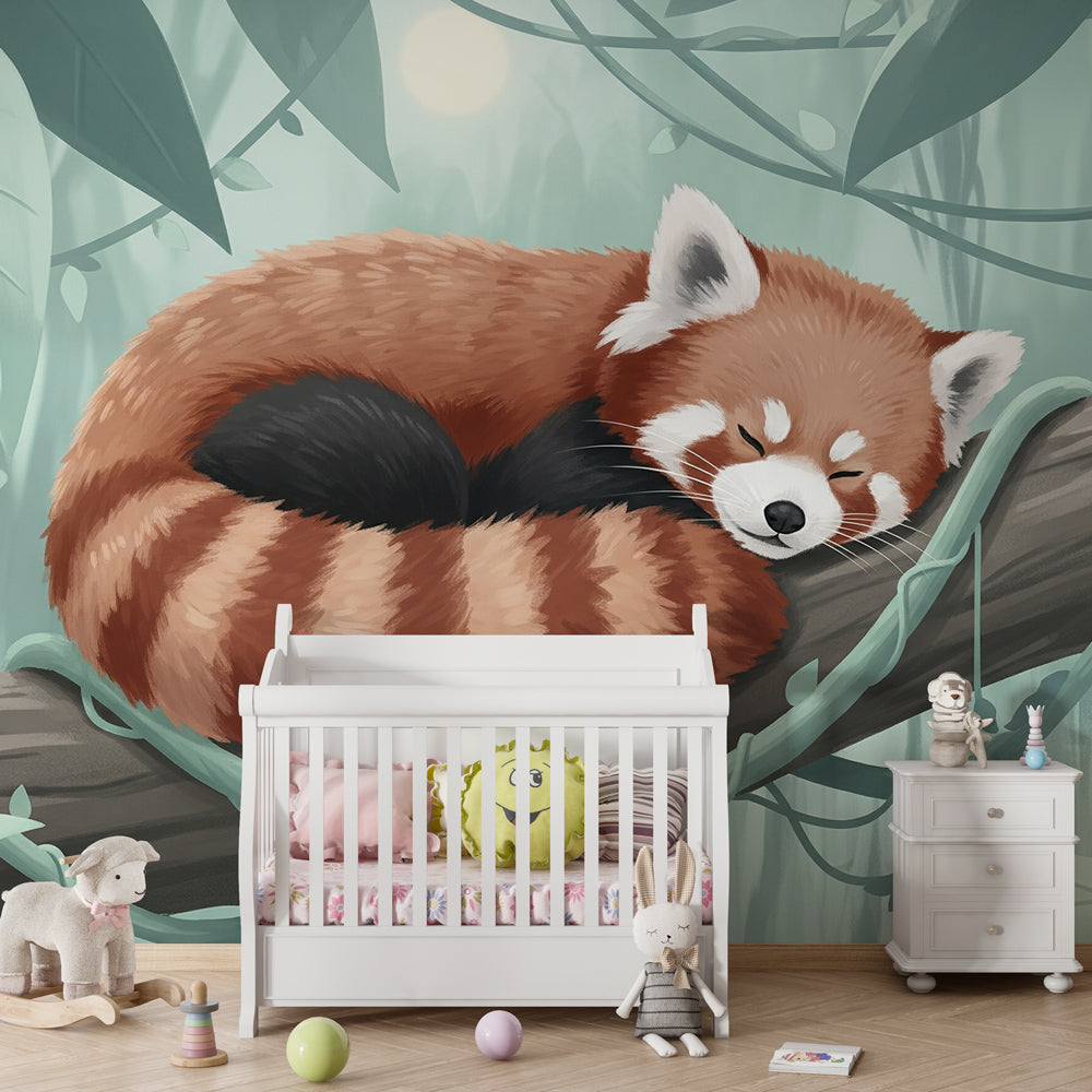 Sleeping red panda wallpaper in cozy children's bedroom with natural wood furniture