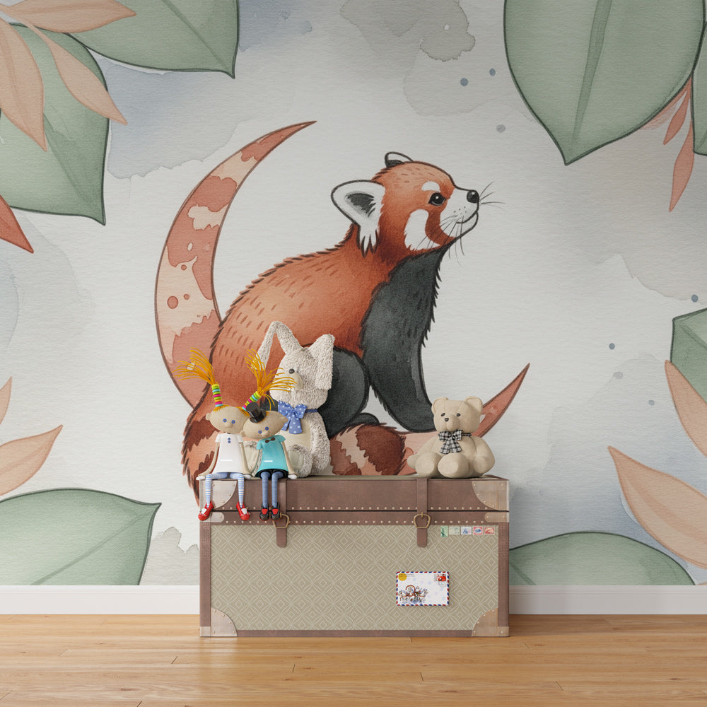 Floral red panda wallpaper creating peaceful atmosphere in children's bedroom