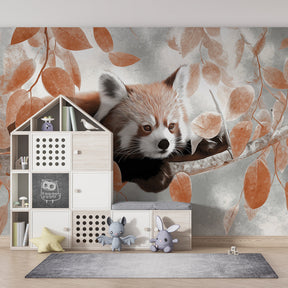 Animal themed red panda wallpaper in modern kids bedroom with natural wood furniture by Kids-Mundo