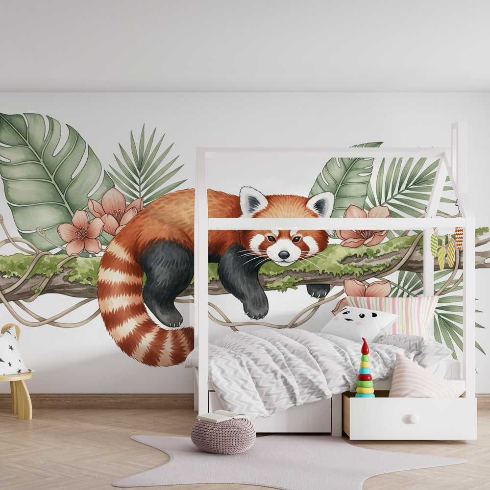 Tropical red panda wallpaper creating adventure-themed children's bedroom with botanical elements