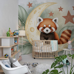 Children's bedroom featuring red panda and stars mural wallpaper with cozy decor