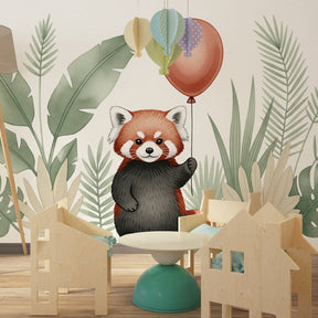 Red panda balloon design mural wallpaper for kids room interior by Kids-Mundo