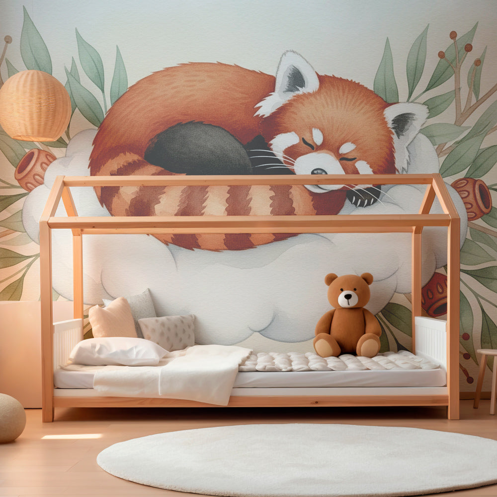 Peaceful red panda mural wallpaper with cloud and botanical elements for baby room by Kids-Mundo
