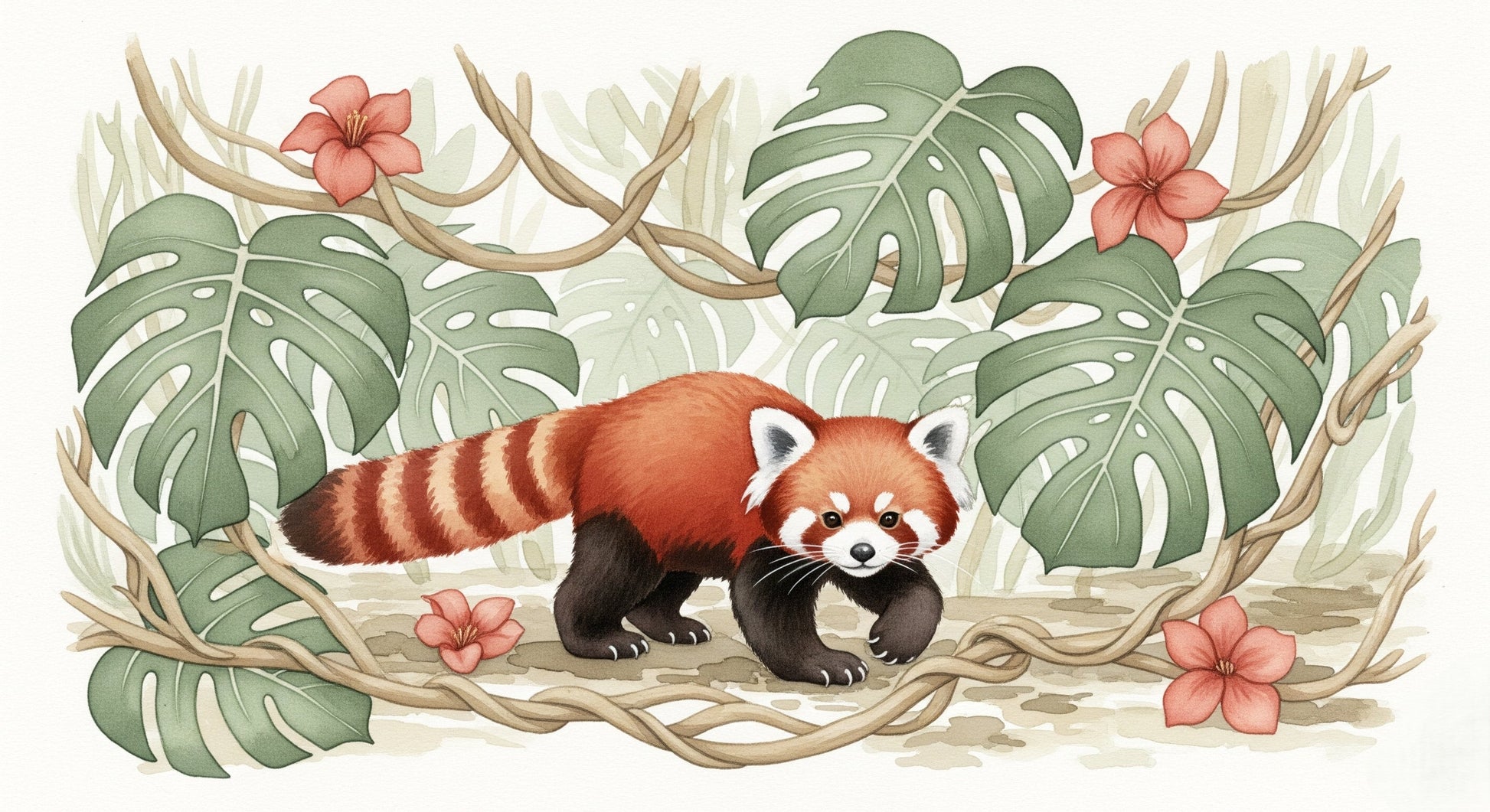 Detailed red panda jungle mural wallpaper design pattern with tropical foliage by Kids-Mundo