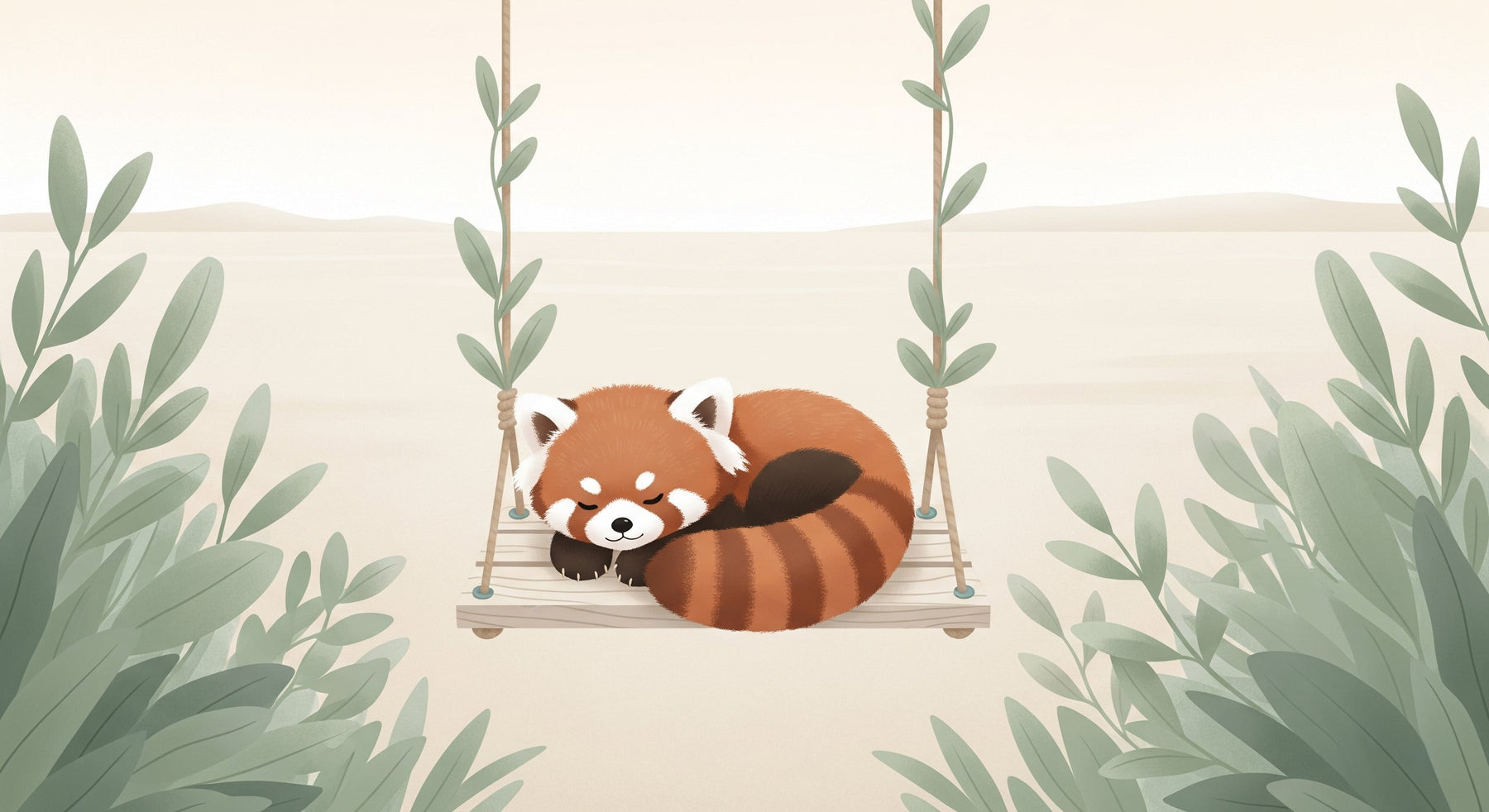 Detailed red panda on swing mural wallpaper design pattern with botanical elements by Kids-Mundo