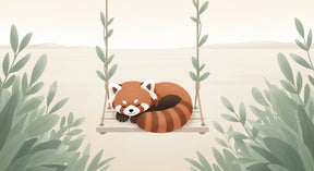 Detailed red panda on swing mural wallpaper design pattern with botanical elements by Kids-Mundo