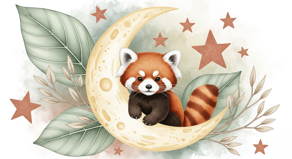 Detailed red panda on moon mural wallpaper design pattern with stars and leaves by Kids-Mundo