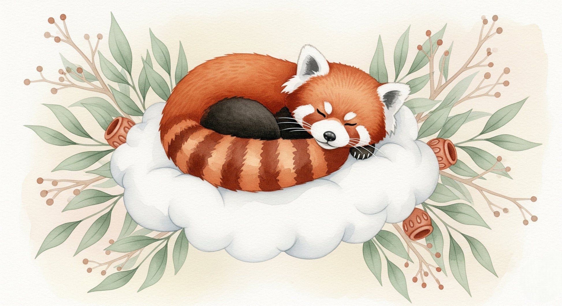 Detailed red panda on cloud mural wallpaper design pattern with botanical elements by Kids-Mundo