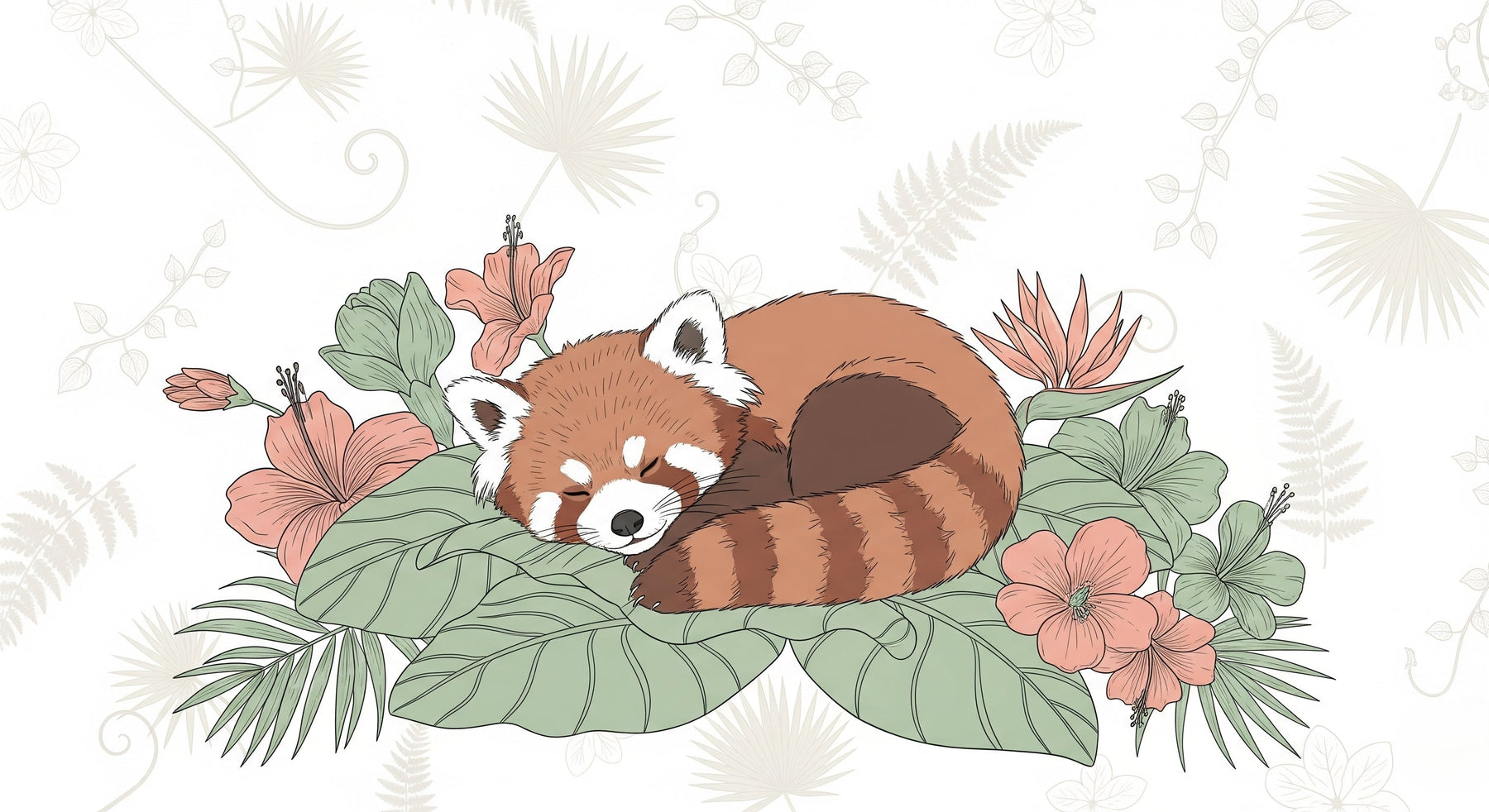 Detailed red panda mural wallpaper design pattern showing sleeping panda among tropical blooms by Kids-Mundo