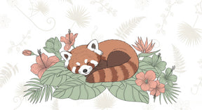 Detailed red panda mural wallpaper design pattern showing sleeping panda among tropical blooms by Kids-Mundo
