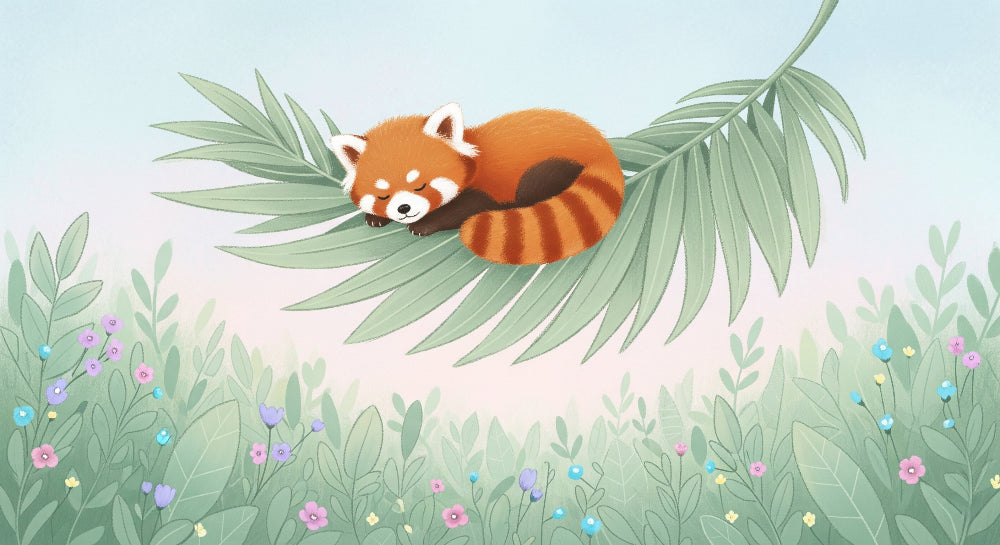 Detailed red panda mural wallpaper design pattern showing sleeping panda on leaf by Kids-Mundo