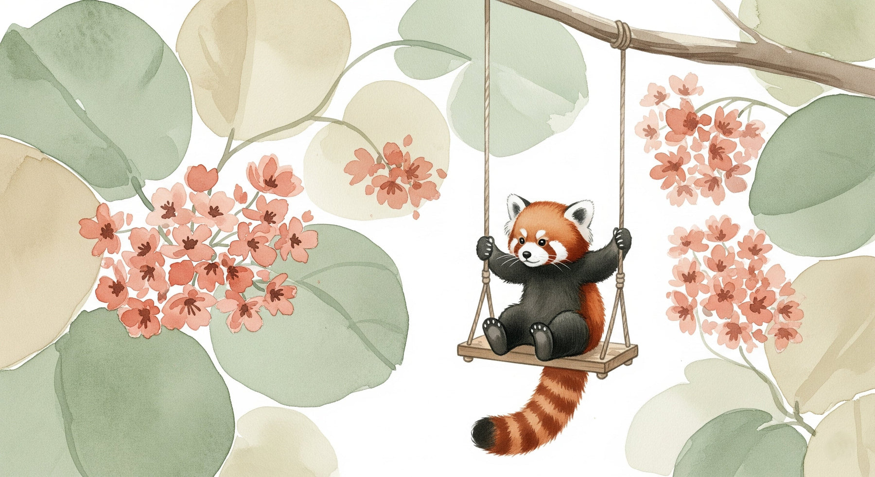 Detailed red panda garden swing mural wallpaper design pattern by Kids-Mundo