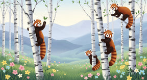 Detailed red panda and birch forest mural wallpaper design pattern by Kids-Mundo
