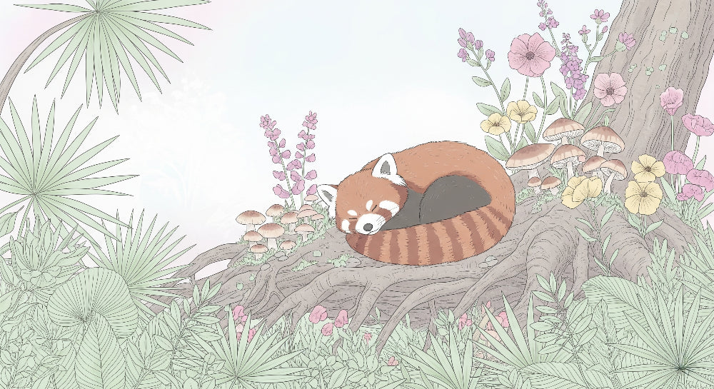Detailed red panda mural wallpaper design pattern showing sleeping panda in botanical garden by Kids-Mundo