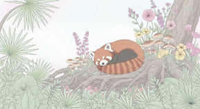 Detailed red panda mural wallpaper design pattern showing sleeping panda in botanical garden by Kids-Mundo
