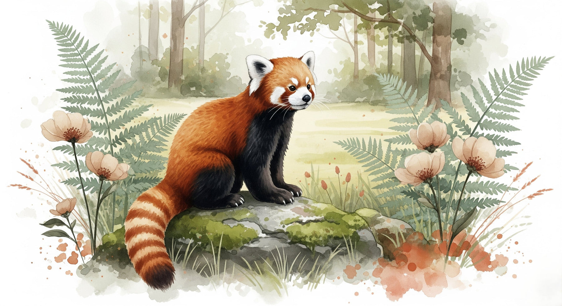 Detailed red panda forest mural wallpaper design pattern showing woodland scene by Kids-Mundo