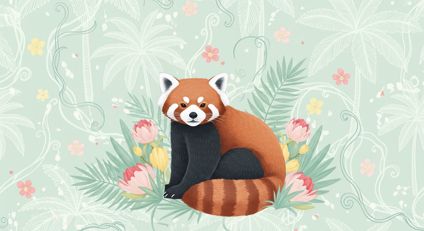 Detailed red panda and tropical jungle floral mural wallpaper design pattern by Kids-Mundo