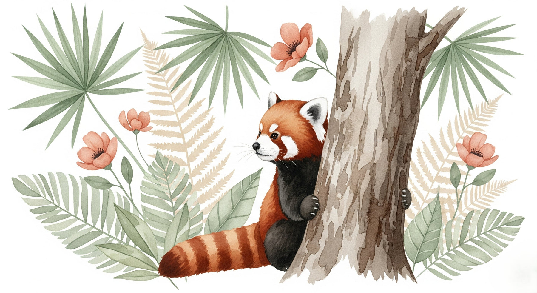 Detailed red panda jungle mural wallpaper design pattern with tropical foliage by Kids-Mundo