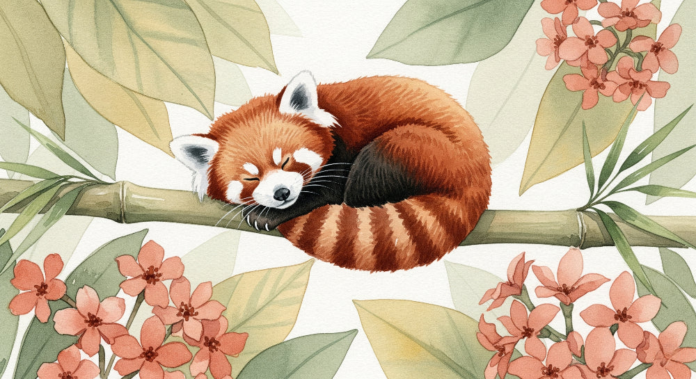 Detailed red panda and floral mural wallpaper design pattern showing sleeping animal by Kids-Mundo
