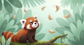Detailed red panda jungle mural wallpaper design pattern with branch and falling leaves by Kids-Mundo