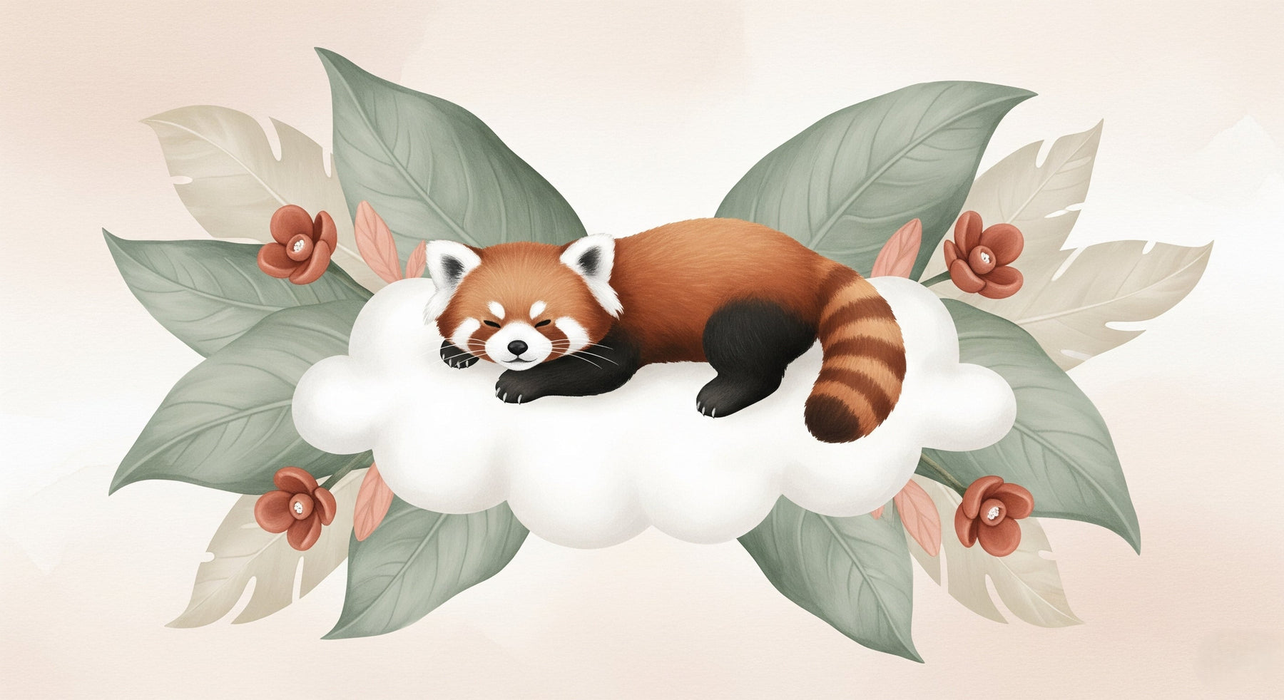 Detailed red panda sleeping on cloud mural wallpaper design pattern by Kids-Mundo
