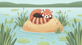 Detailed red panda sleeping on stone pond scene mural wallpaper design pattern by Kids-Mundo