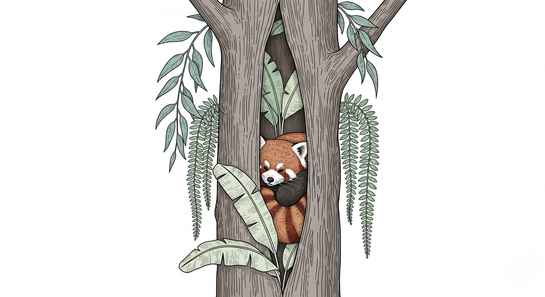 Detailed red panda hidden in tree mural wallpaper design pattern by Kids-Mundo