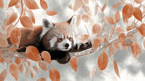 Detailed red panda on branch mural wallpaper design pattern with bronze leaves by Kids-Mundo