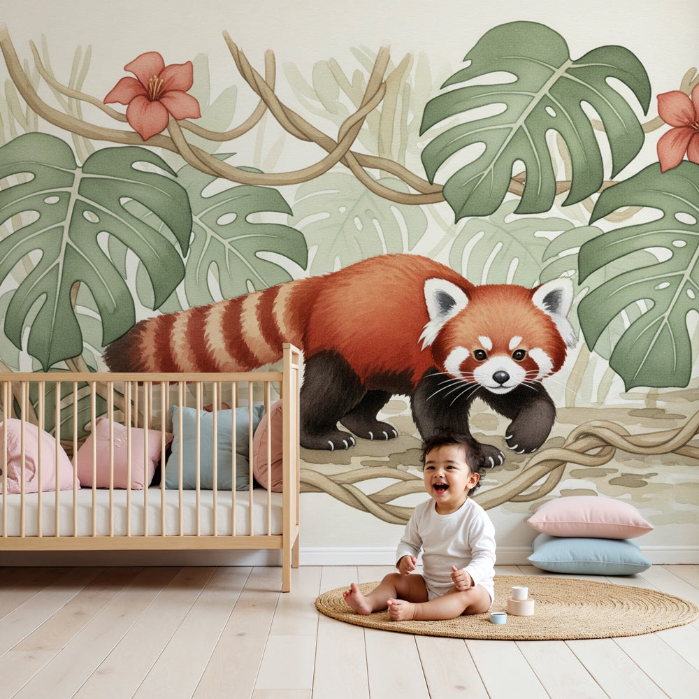 Red panda jungle mural wallpaper in modern nursery with natural wood furniture by Kids-Mundo