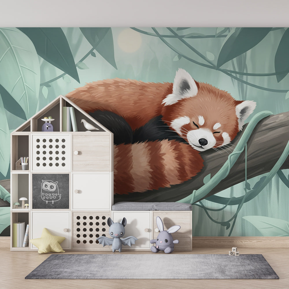 Animal theme mural wallpaper featuring red panda in jungle setting for kids room