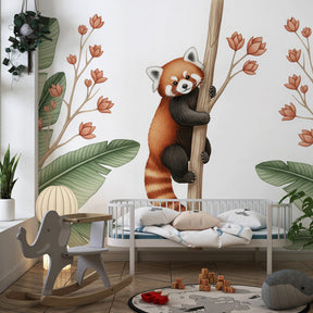Jungle animal mural wallpaper featuring red panda in cozy children's bedroom decor