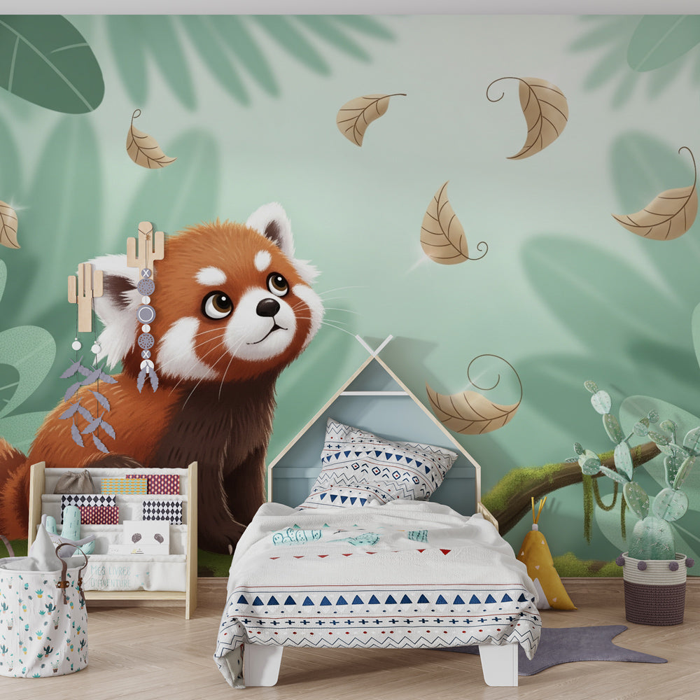 Jungle themed red panda wallpaper creating peaceful children's bedroom decor with green tones