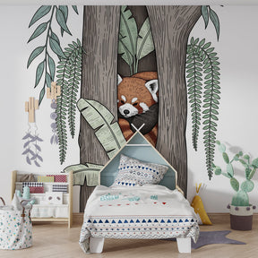 Forest themed red panda wallpaper creating magical woodland atmosphere in children's bedroom