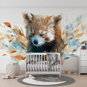 Animal themed children's bedroom featuring adorable red panda wallpaper with soft botanical elements