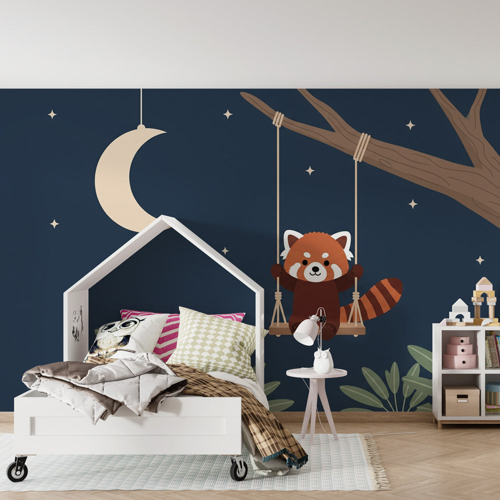 Nighttime adventure red panda mural wallpaper transforming children's bedroom space