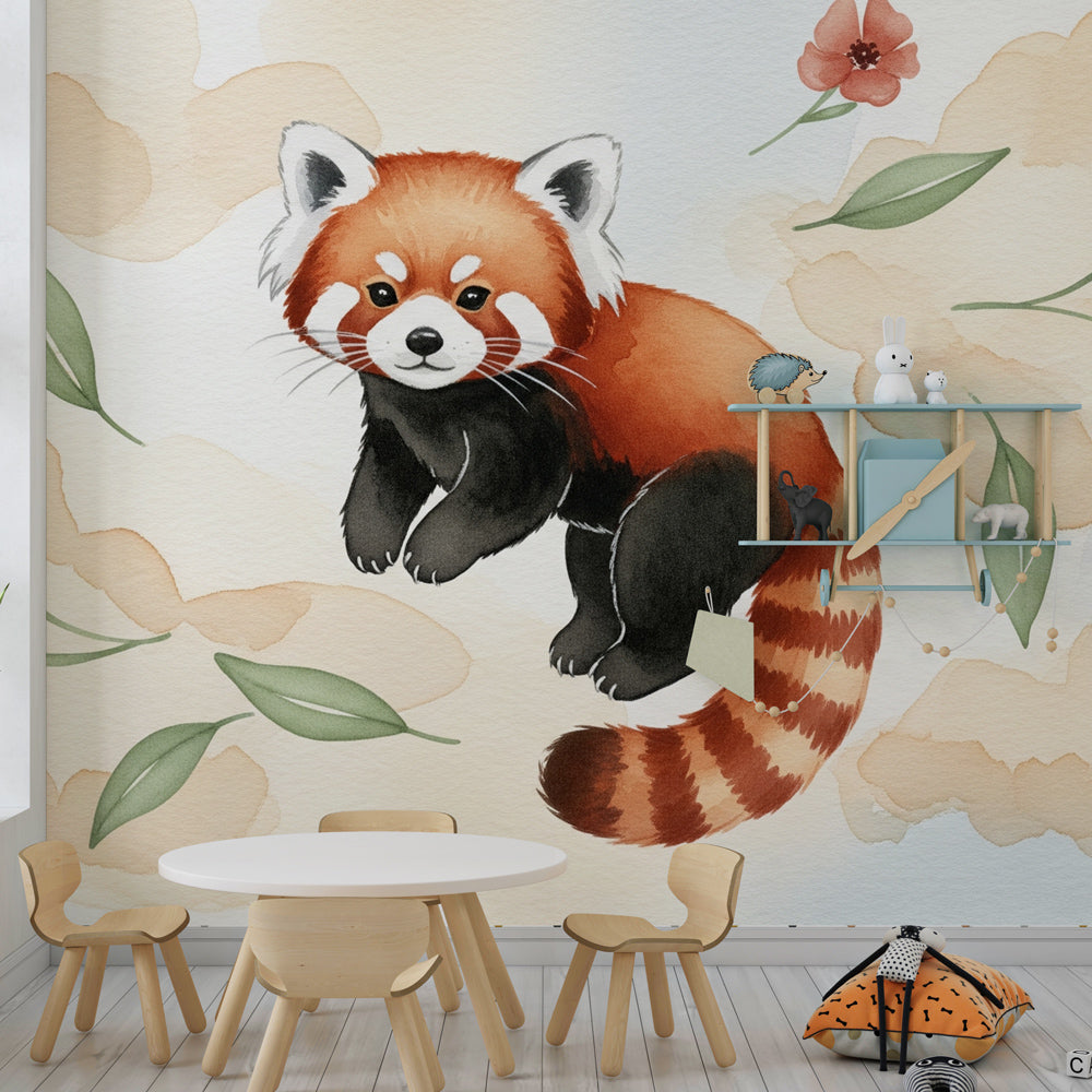 Red panda nursery wallpaper with soft clouds and flowers in peaceful baby room setting