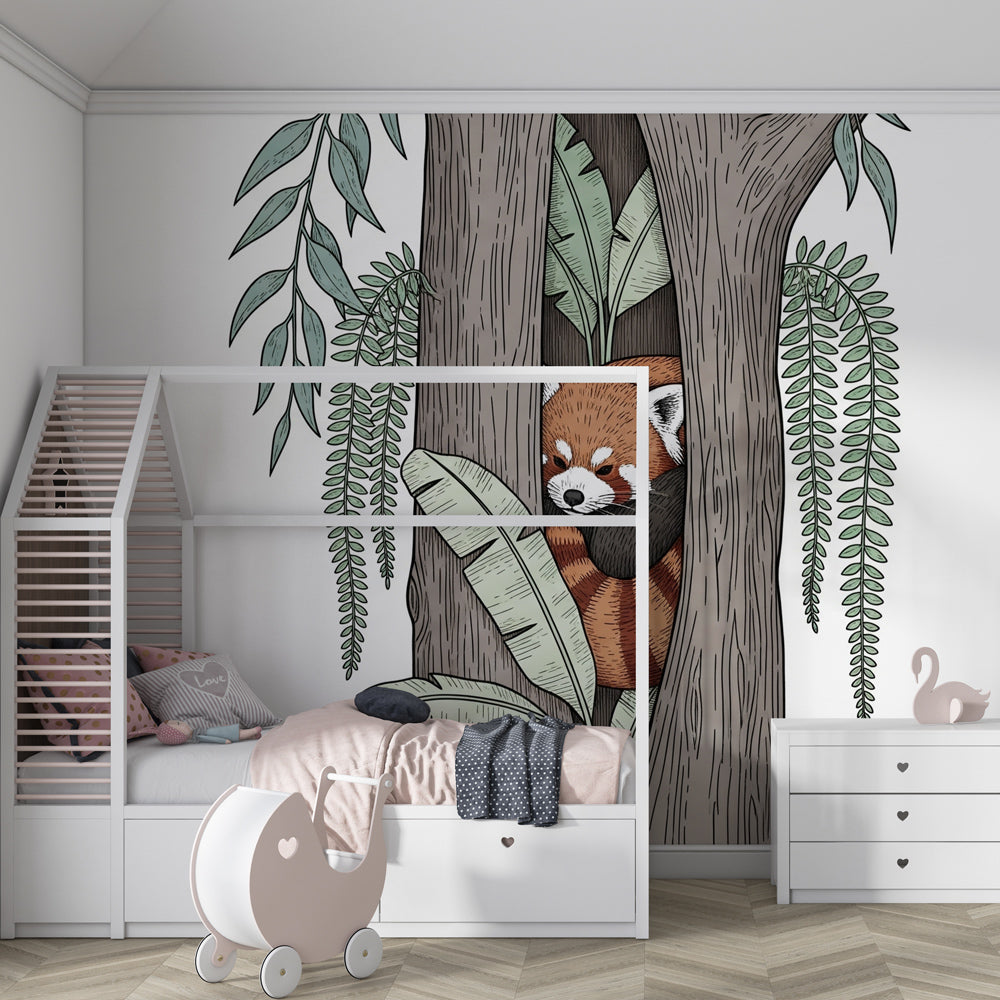 Nature inspired red panda mural wallpaper with tree branches in modern kids room decor