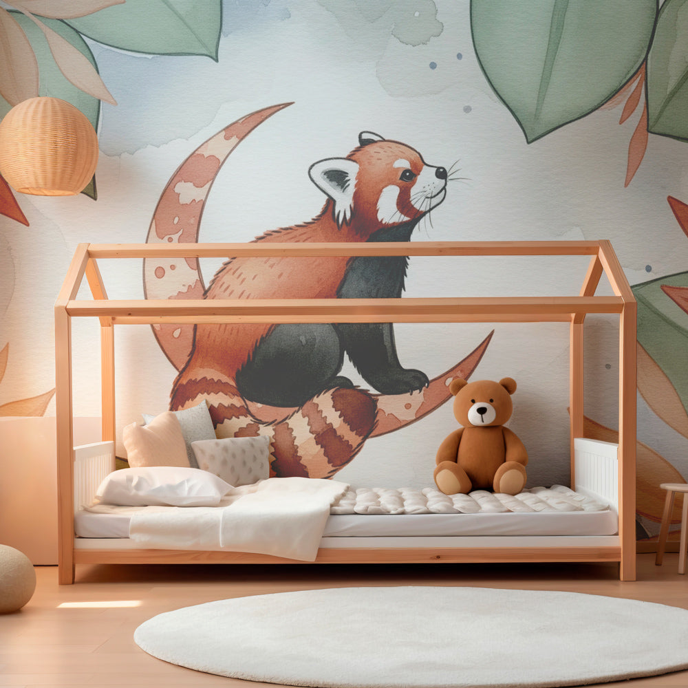 Nature-themed red panda mural wallpaper with botanical elements in kids room