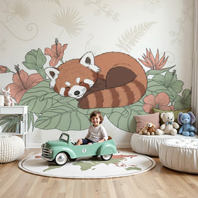 Red panda mural wallpaper creating peaceful atmosphere in modern nursery room by Kids-Mundo