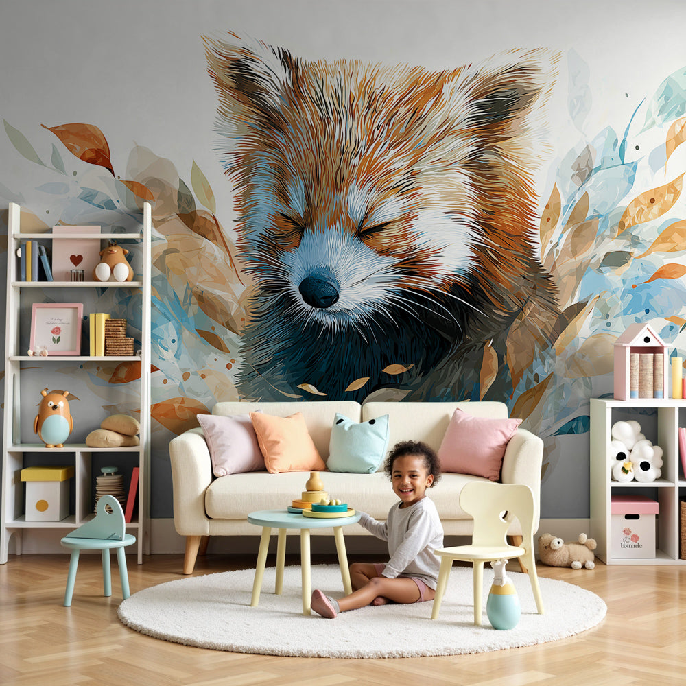 Red panda mural wallpaper creating peaceful nursery atmosphere with sleeping baby panda design by Kids-Mundo